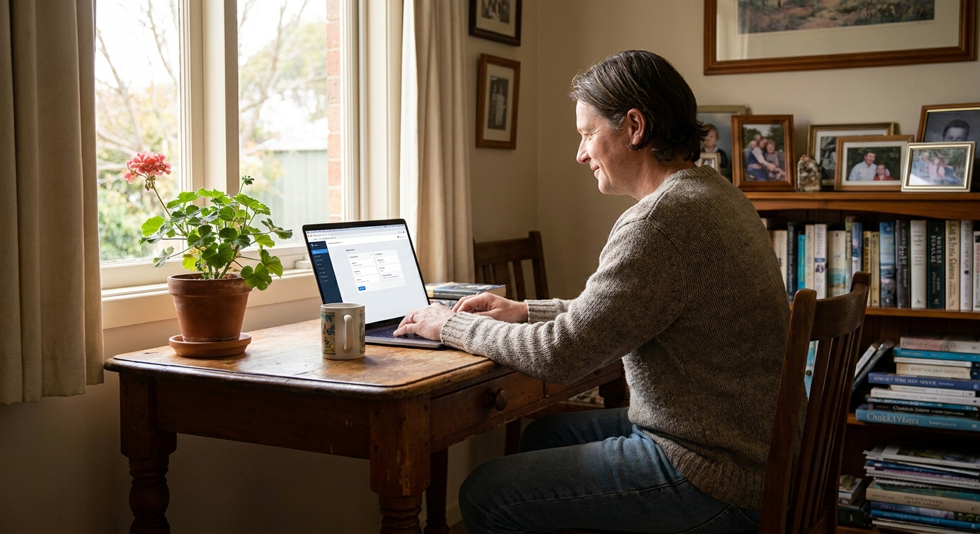 Professional computer clean-out in Garfield North (3814) — a happy Victoria resident at home with a spotless, fast, quiet machine