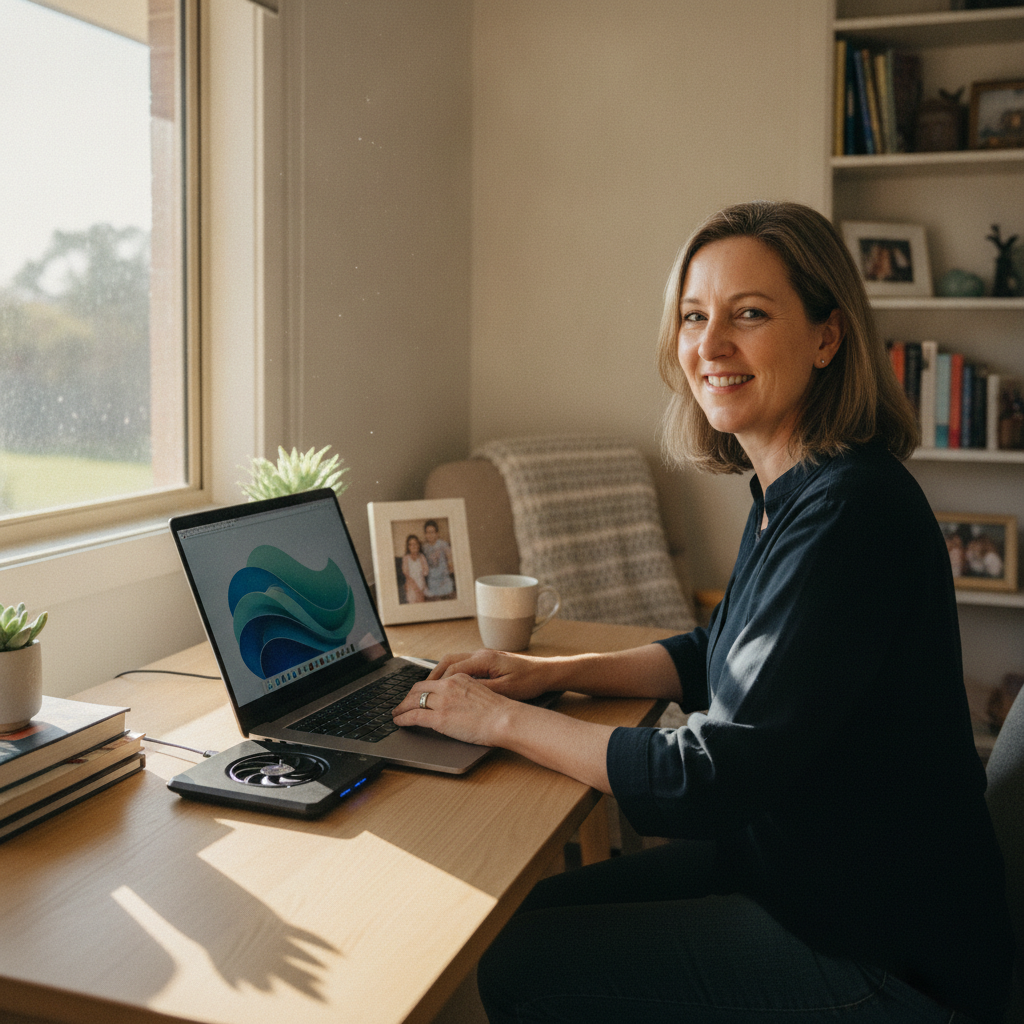Professional computer clean-out in Gateway Island (3691) — a happy Victoria resident at home with a spotless, fast, quiet machine