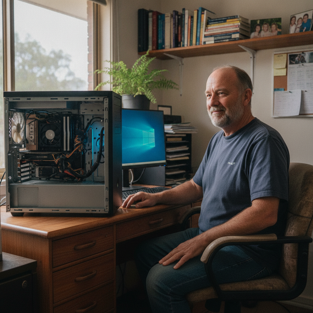 Professional computer clean-out in Gemville (2836) — a happy New South Wales resident at home with a spotless, fast, quiet machine