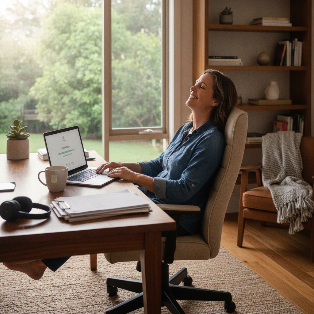 Professional computer clean-out in Gidley (2340) — a happy New South Wales resident at home with a spotless, fast, quiet machine