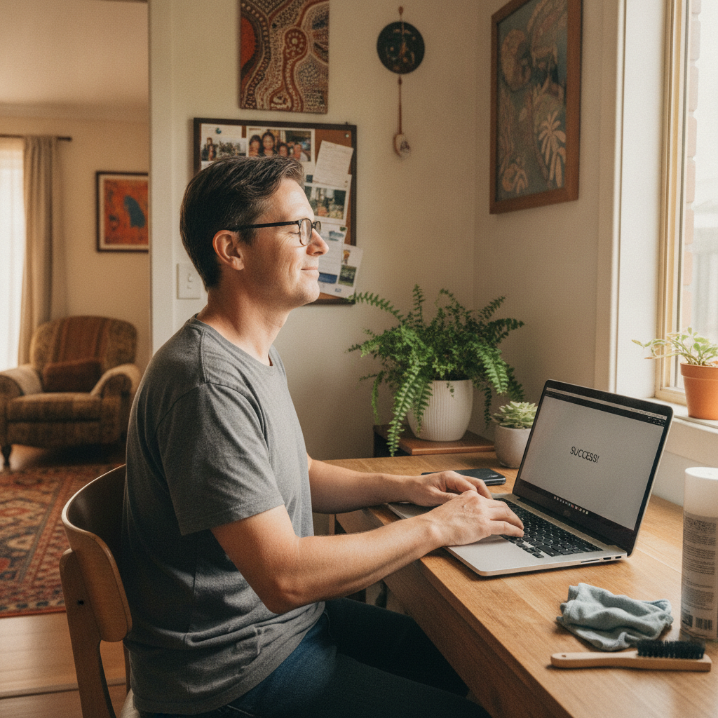 Professional computer clean-out in Gillieston Heights (2321) — a happy New South Wales resident at home with a spotless, fast, quiet machine