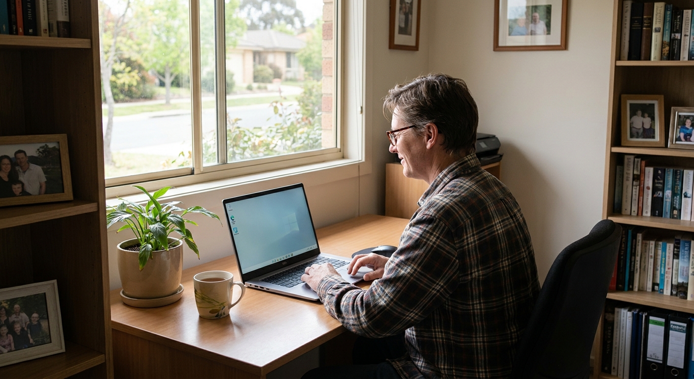 Professional computer clean-out in Gilmore (2905) — a happy the ACT resident at home with a spotless, fast, quiet machine