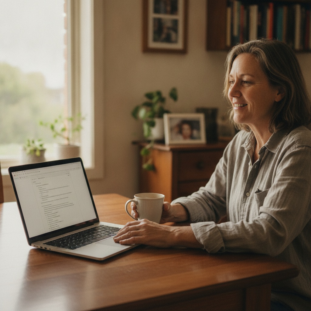 Professional computer clean-out in Glendale (2285) — a happy New South Wales resident at home with a spotless, fast, quiet machine