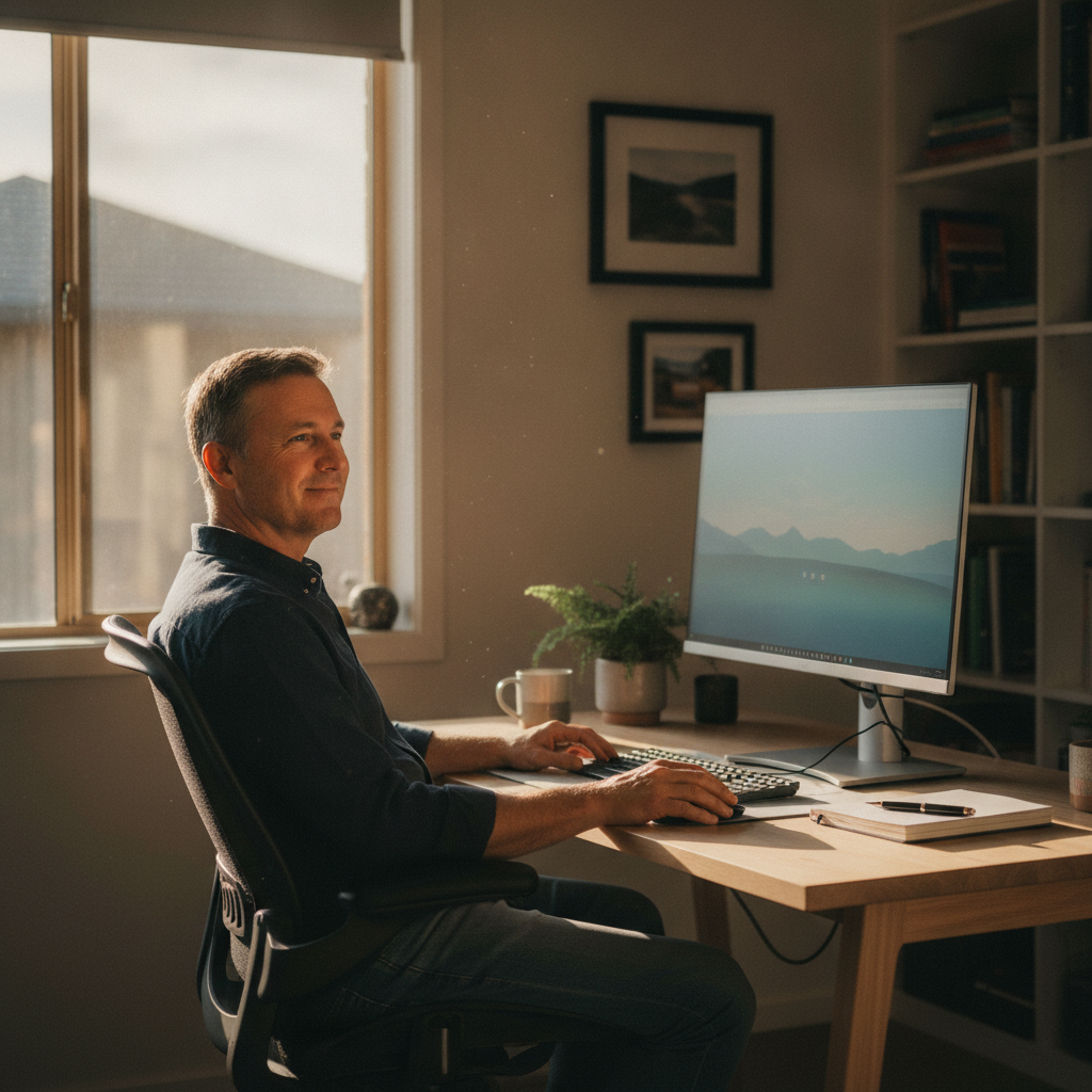 Professional computer clean-out in Glengarry North (3854) — a happy Victoria resident at home with a spotless, fast, quiet machine