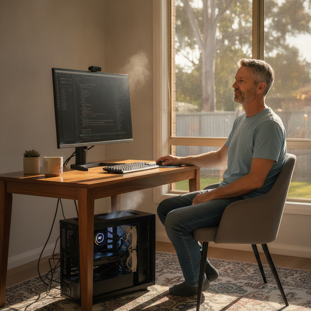 Professional computer clean-out in Glenroy (2653) — a happy New South Wales resident at home with a spotless, fast, quiet machine