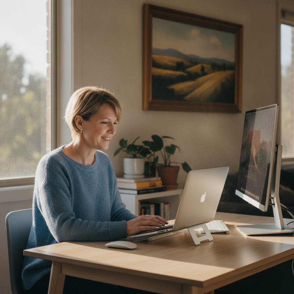 Professional computer clean-out in Glenthorne (2430) — a happy New South Wales resident at home with a spotless, fast, quiet machine