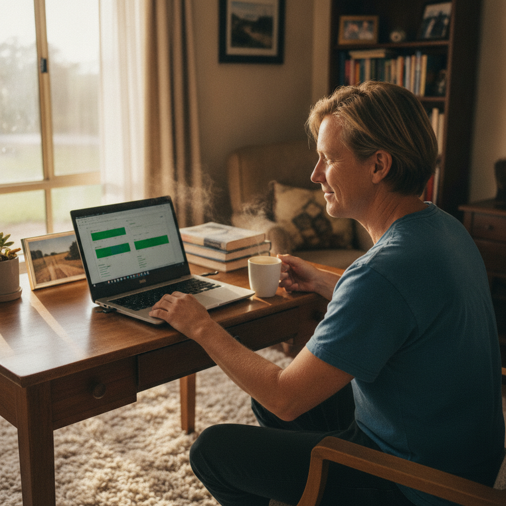 Professional computer clean-out in Goonumbla (2870) — a happy New South Wales resident at home with a spotless, fast, quiet machine