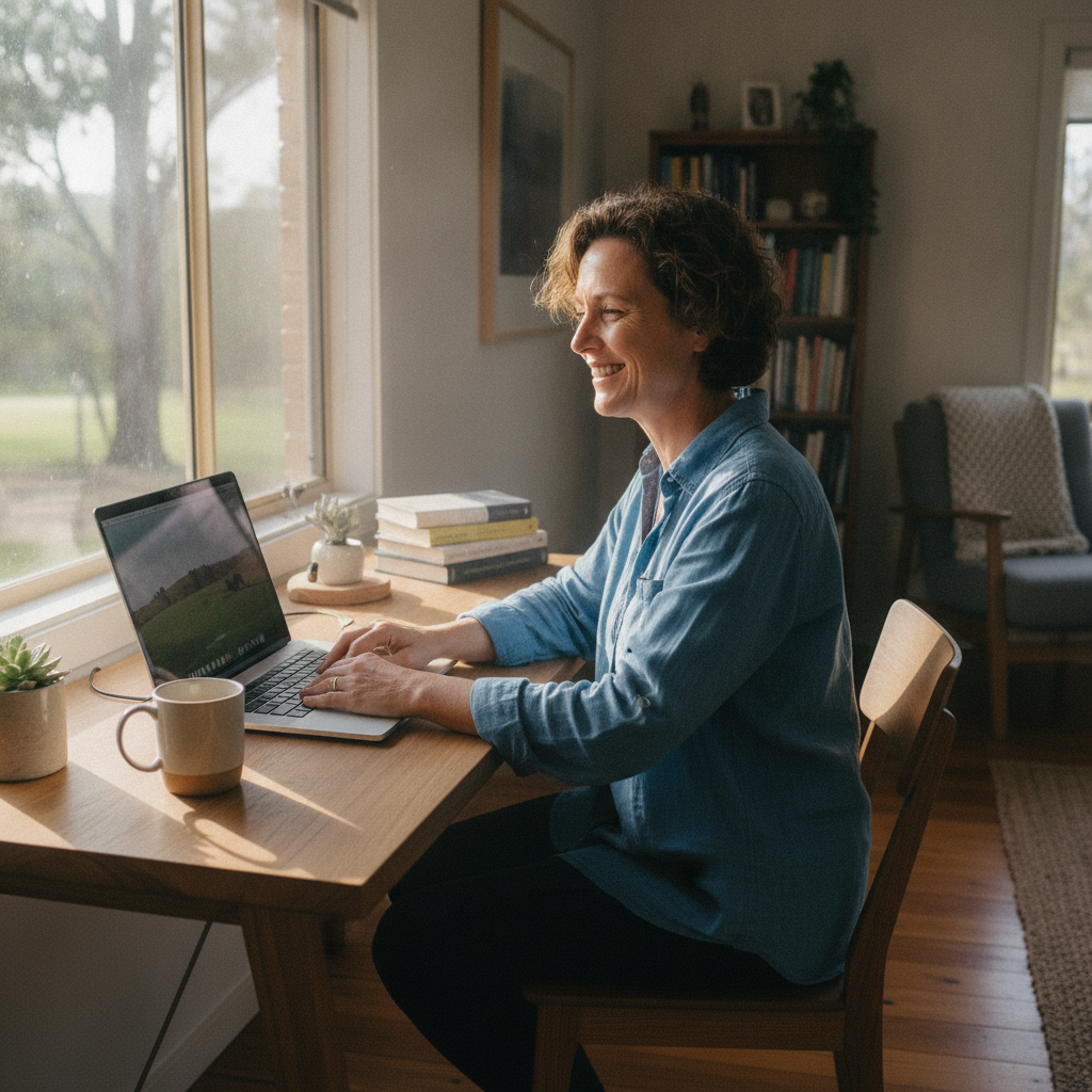 Professional computer clean-out in Goorangoola (2330) — a happy New South Wales resident at home with a spotless, fast, quiet machine