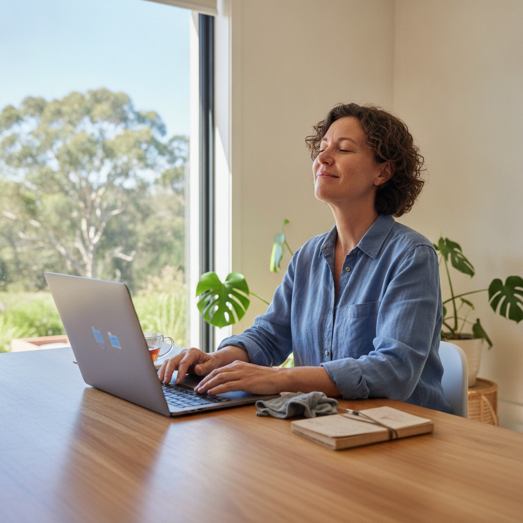Professional computer clean-out in Gosford (2250) — a happy New South Wales resident at home with a spotless, fast, quiet machine