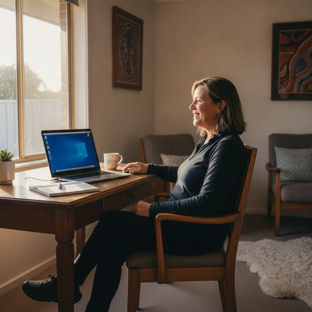 Professional computer clean-out in Goulburn North (2580) — a happy New South Wales resident at home with a spotless, fast, quiet machine