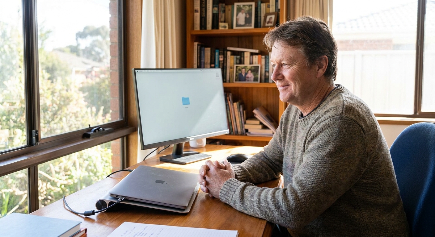 Professional computer clean-out in Gowanbrae (3043) — a happy Victoria resident at home with a spotless, fast, quiet machine