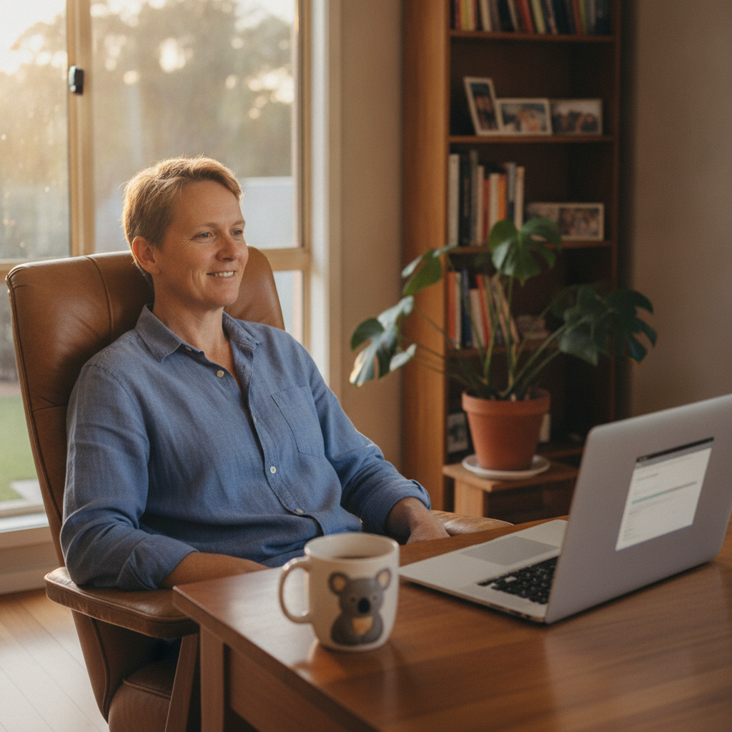Professional computer clean-out in Gradys Creek (2474) — a happy New South Wales resident at home with a spotless, fast, quiet machine