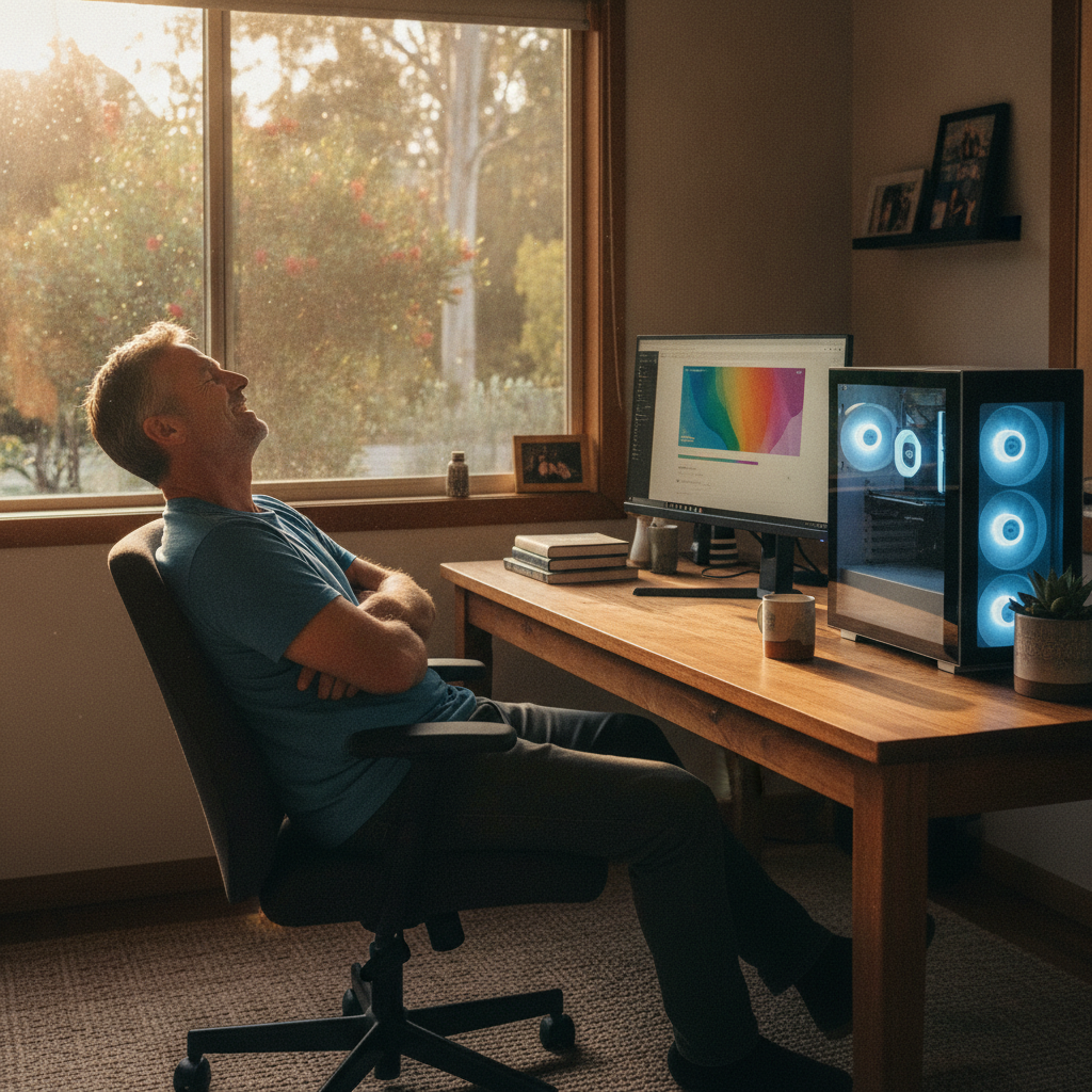 Professional computer clean-out in Green Forest (2471) — a happy New South Wales resident at home with a spotless, fast, quiet machine