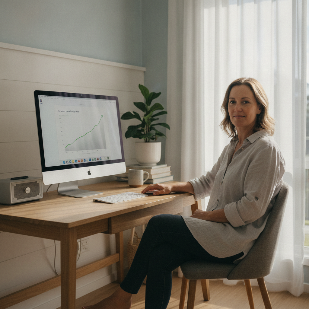 Professional computer clean-out in Green Point (2251) — a happy New South Wales resident at home with a spotless, fast, quiet machine