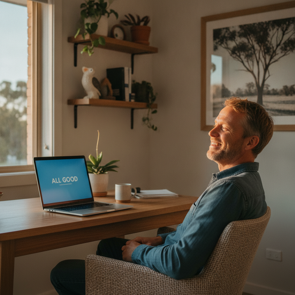 Professional computer clean-out in Gregadoo (2650) — a happy New South Wales resident at home with a spotless, fast, quiet machine