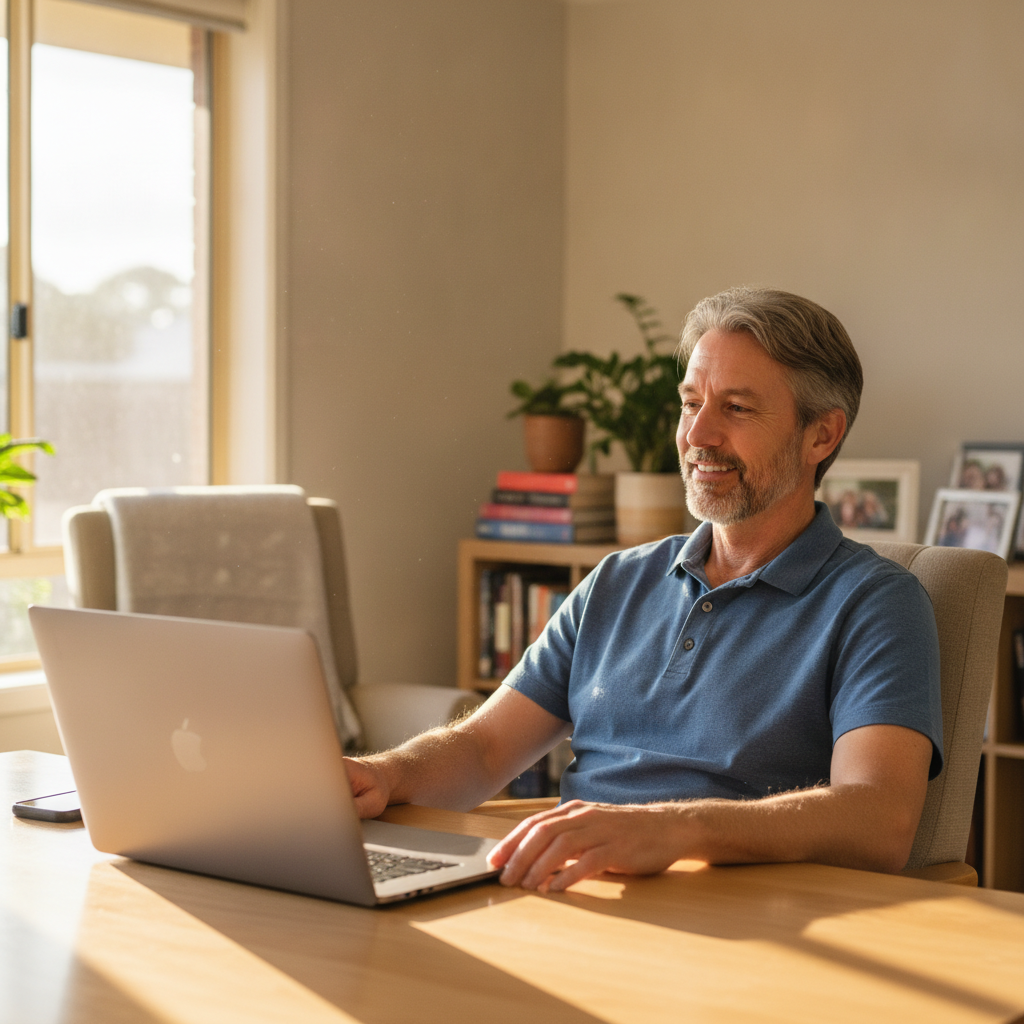 Professional computer clean-out in Greystanes (2145) — a happy New South Wales resident at home with a spotless, fast, quiet machine