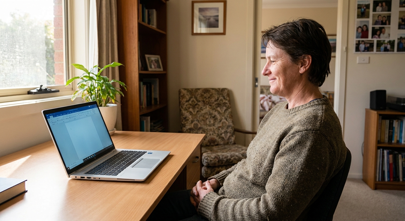 Professional computer clean-out in Grovedale East (3216) — a happy Victoria resident at home with a spotless, fast, quiet machine