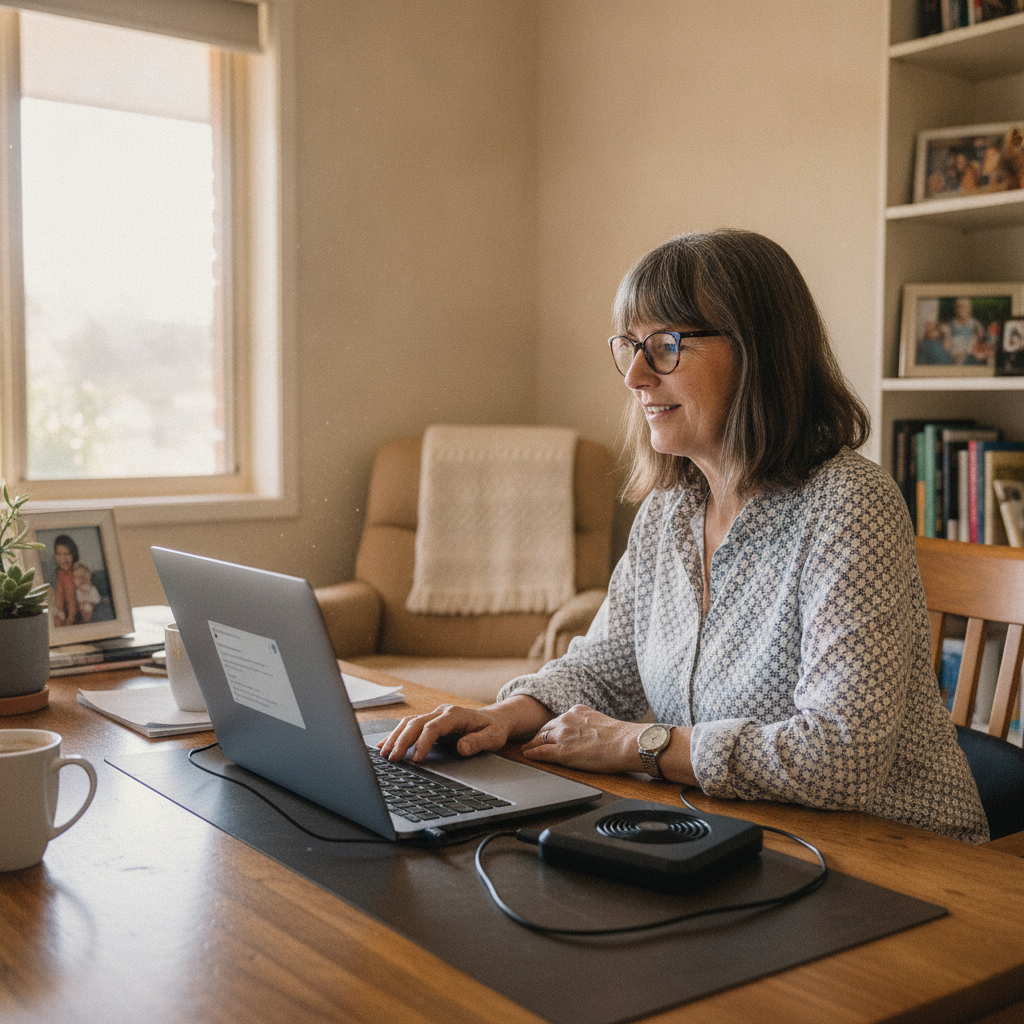 Professional computer clean-out in Gulfview Heights (5096) — a happy South Australia resident at home with a spotless, fast, quiet machine
