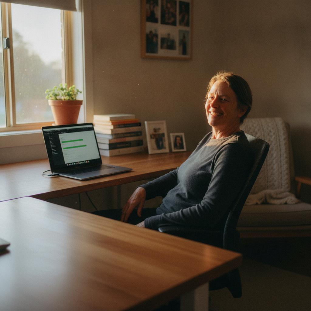 Professional computer clean-out in Gulgong (2852) — a happy New South Wales resident at home with a spotless, fast, quiet machine