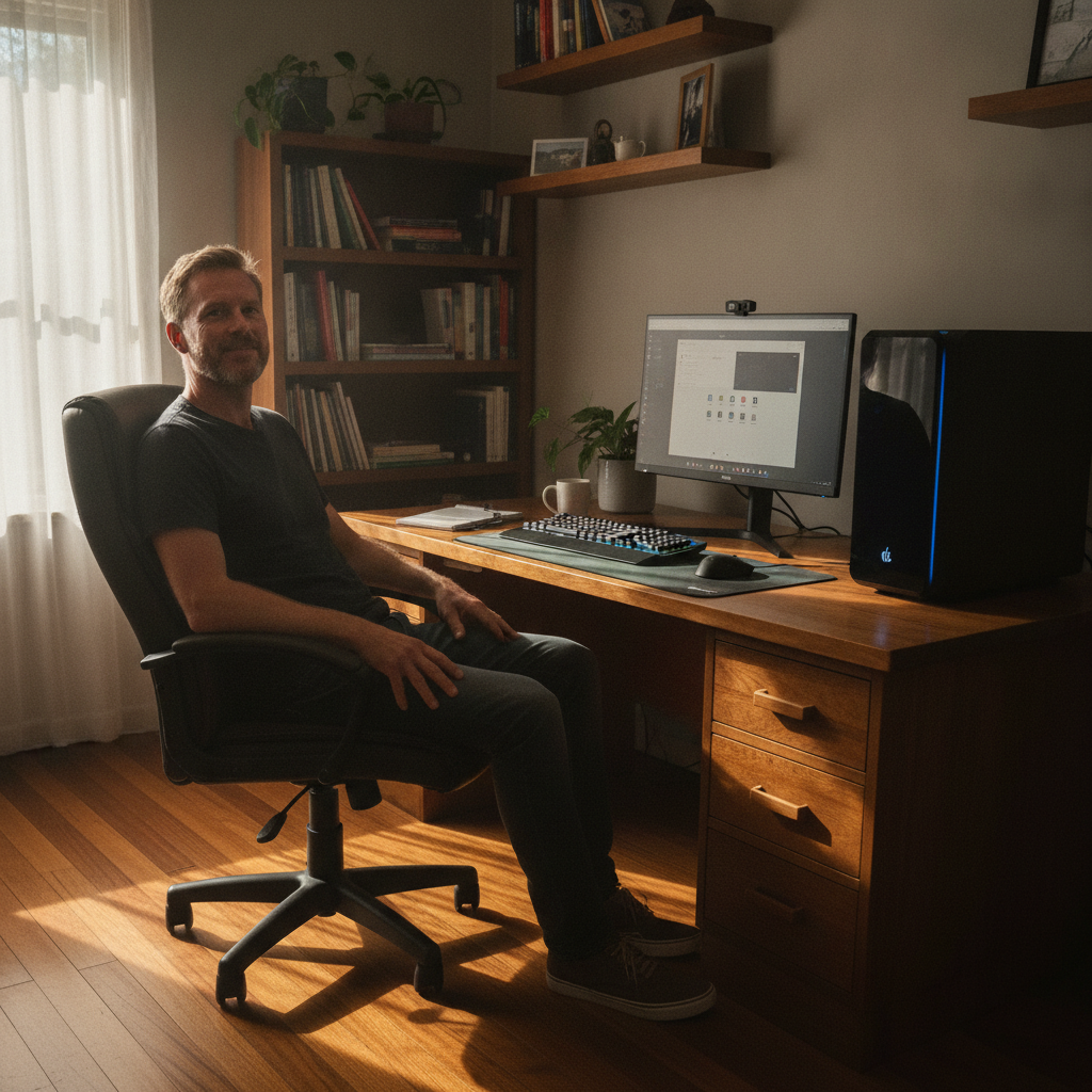 Professional computer clean-out in Hambledon Hill (2330) — a happy New South Wales resident at home with a spotless, fast, quiet machine