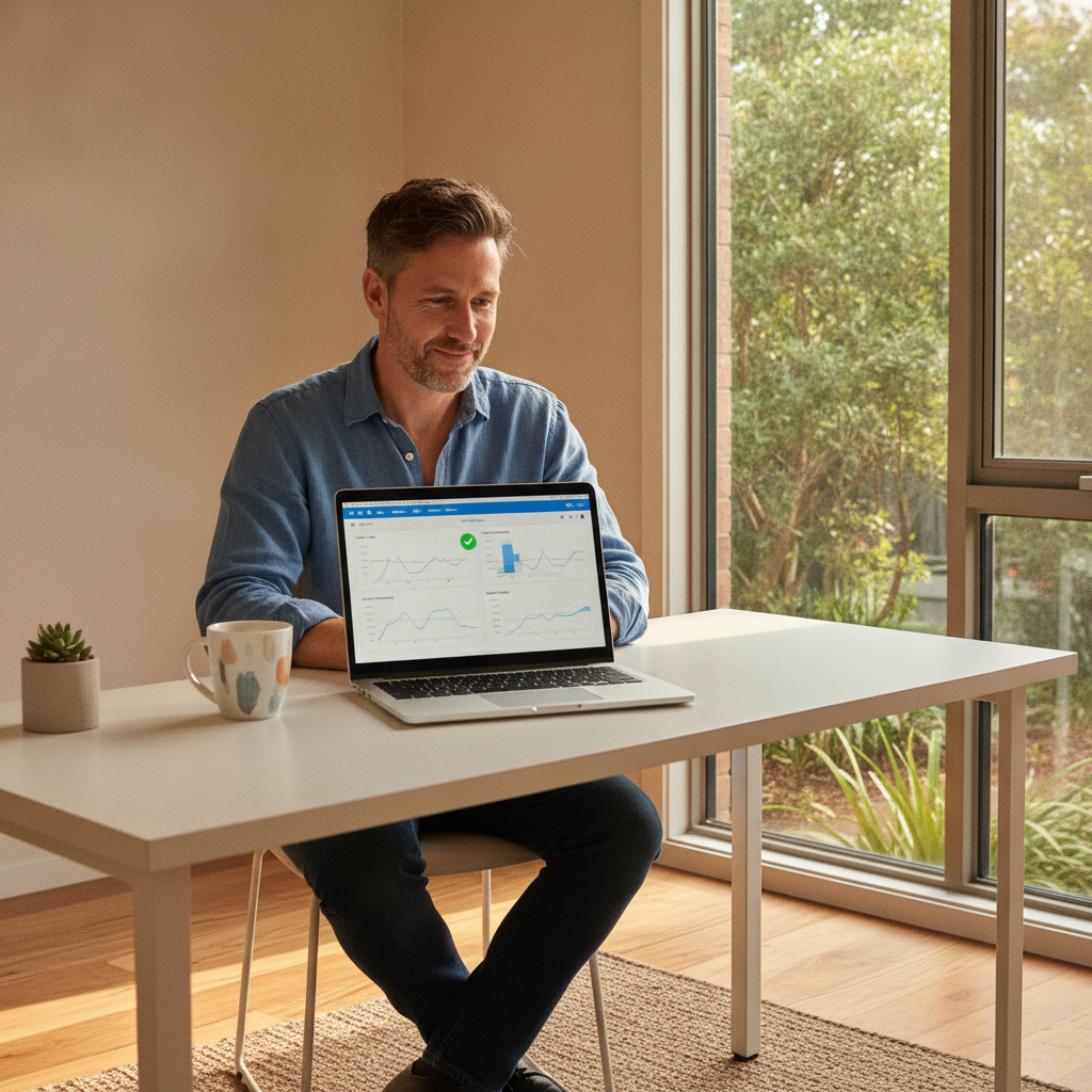Professional computer clean-out in Hampton (3188) — a happy Victoria resident at home with a spotless, fast, quiet machine