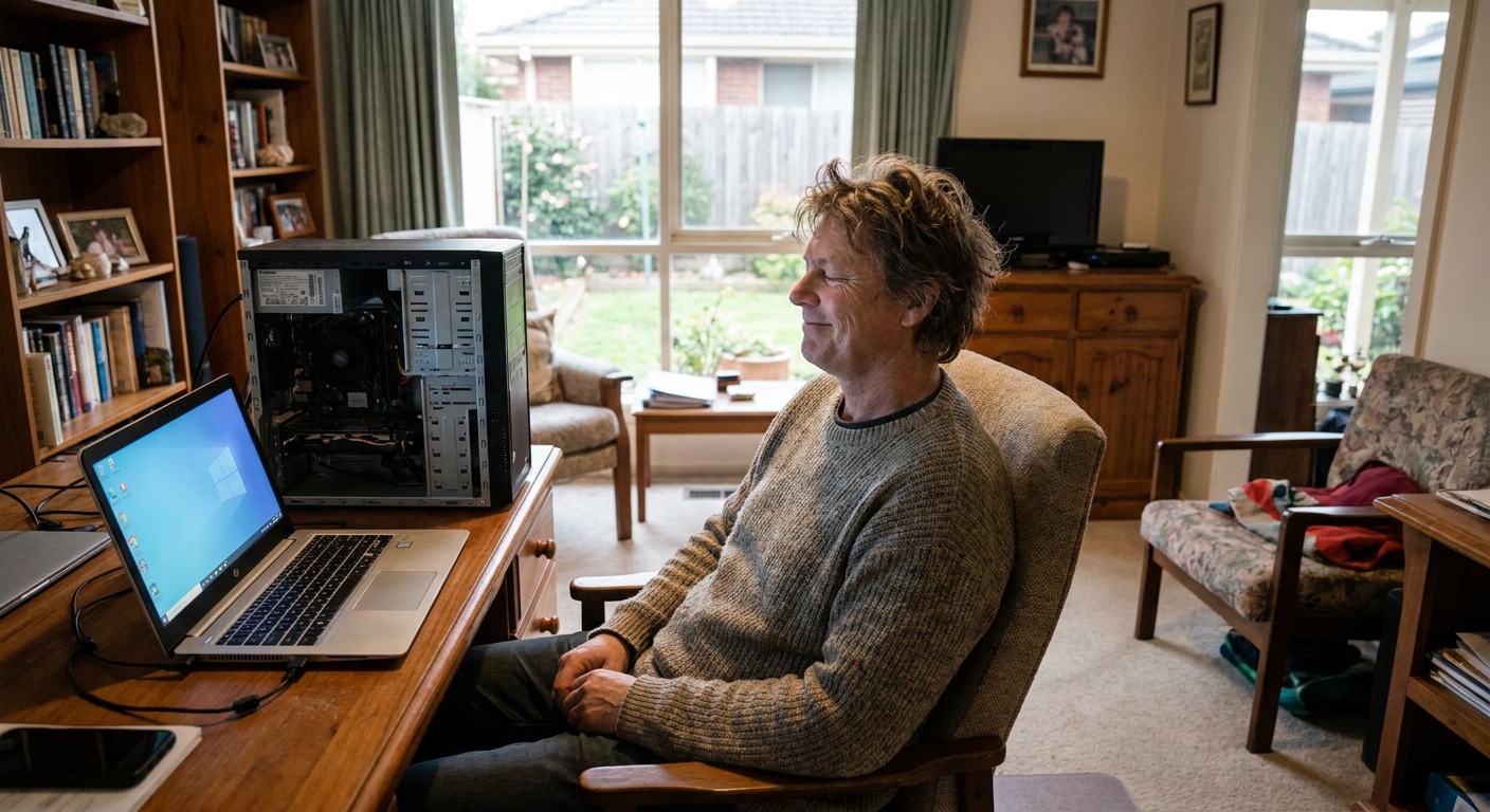 Professional computer clean-out in Hampton Park (3976) — a happy Victoria resident at home with a spotless, fast, quiet machine