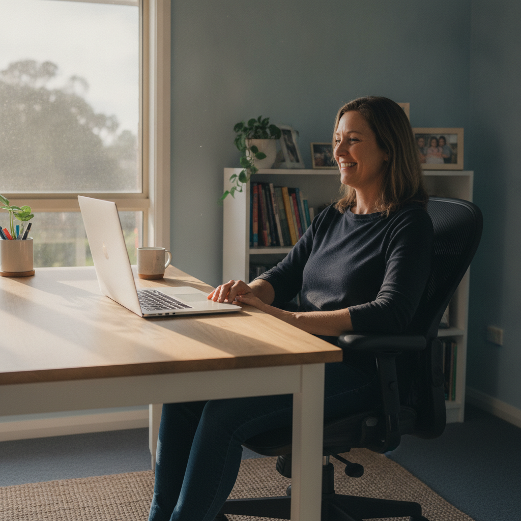 Professional computer clean-out in Hannam Vale (2443) — a happy New South Wales resident at home with a spotless, fast, quiet machine