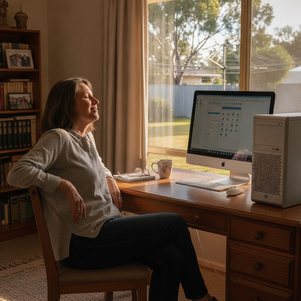 Professional computer clean-out in Hargraves (2850) — a happy New South Wales resident at home with a spotless, fast, quiet machine