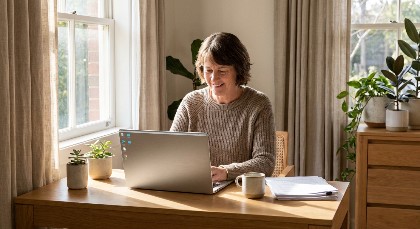 Professional computer clean-out in Harkaway (3806) — a happy Victoria resident at home with a spotless, fast, quiet machine