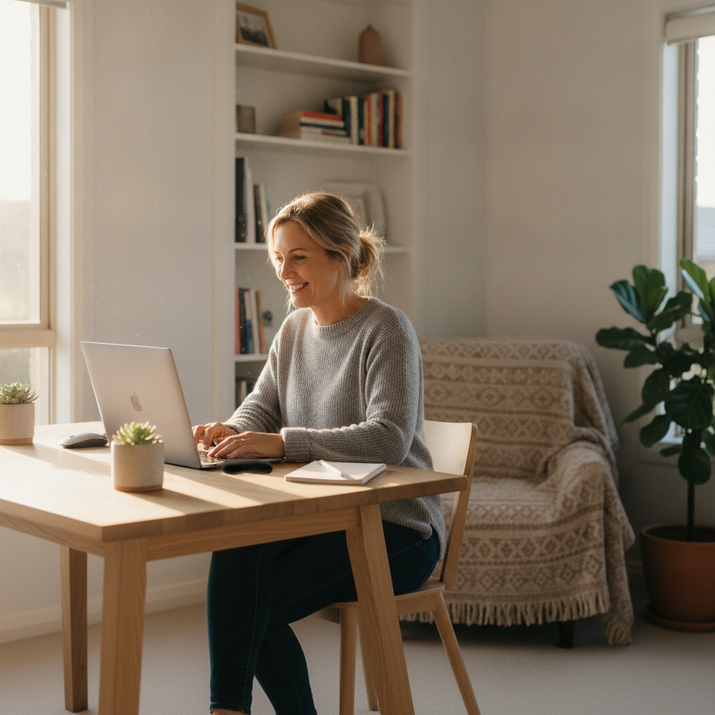 Professional computer clean-out in Harrington Park (2567) — a happy New South Wales resident at home with a spotless, fast, quiet machine
