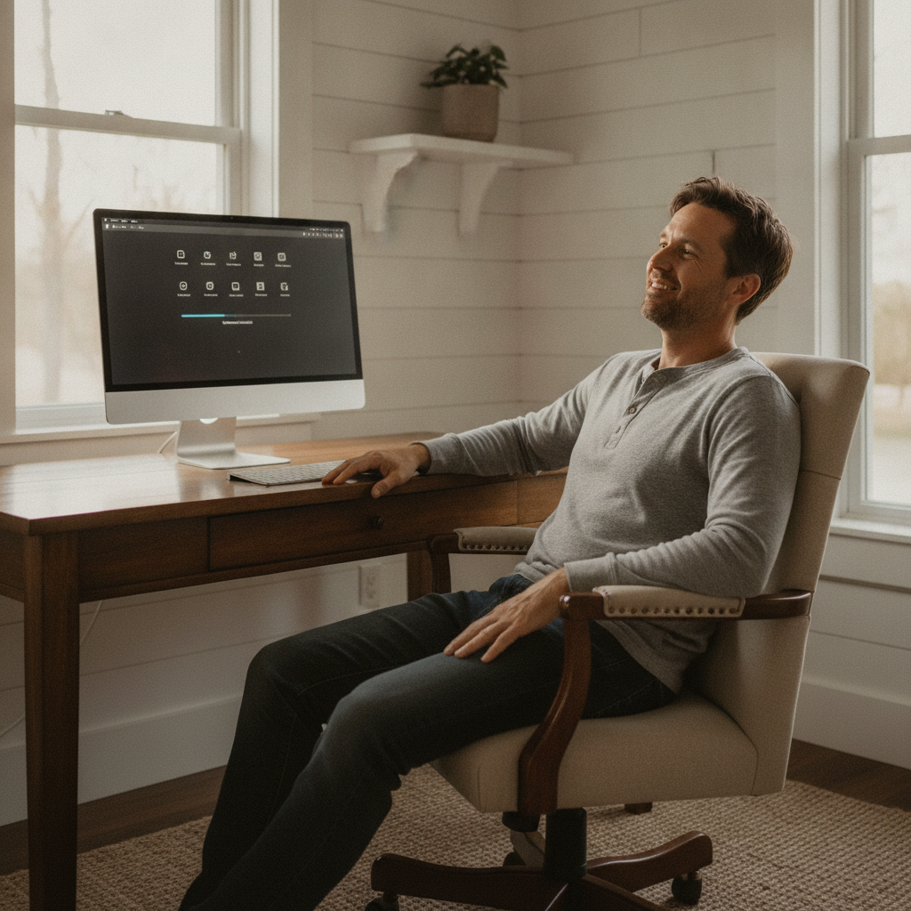 Professional computer clean-out in Hartwood (2710) — a happy New South Wales resident at home with a spotless, fast, quiet machine