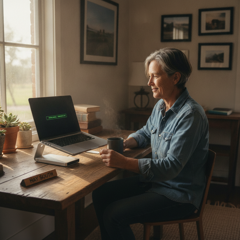 Professional computer clean-out in Hay South (2711) — a happy New South Wales resident at home with a spotless, fast, quiet machine