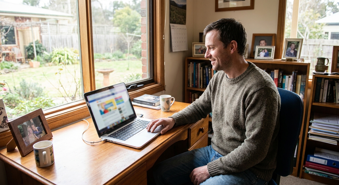 Professional computer clean-out in Healesville (3777) — a happy Victoria resident at home with a spotless, fast, quiet machine