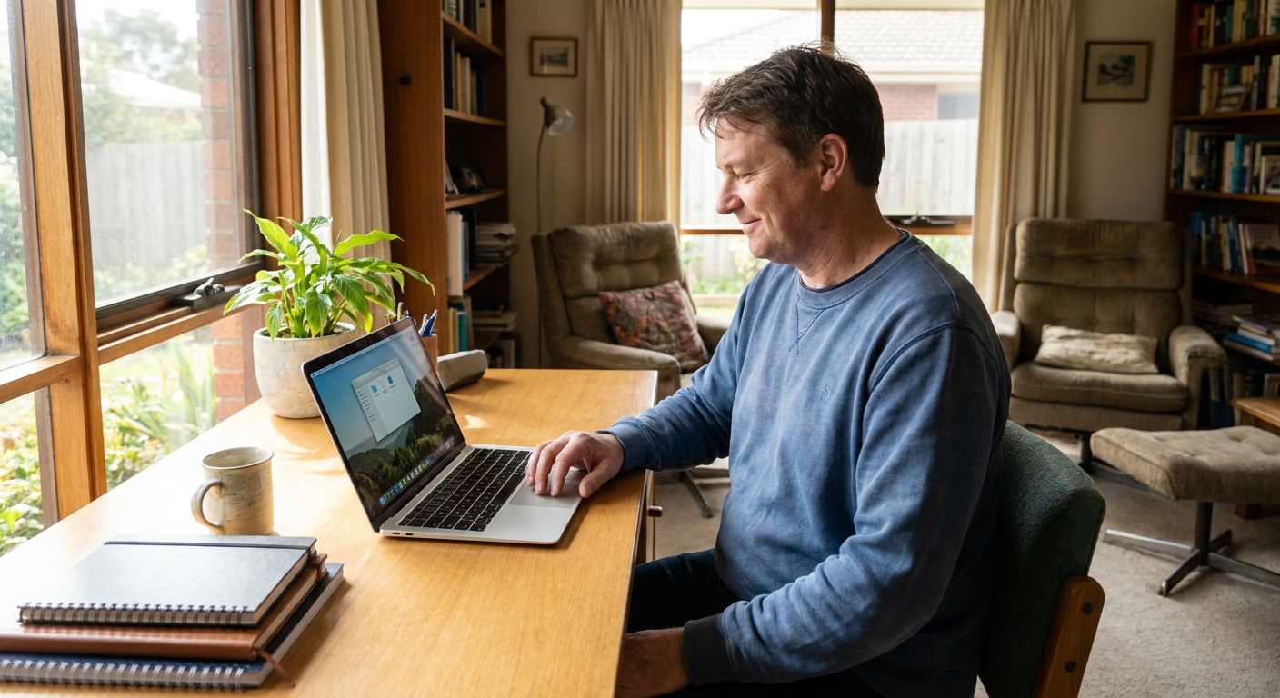 Professional computer clean-out in Heatherton (3202) — a happy Victoria resident at home with a spotless, fast, quiet machine