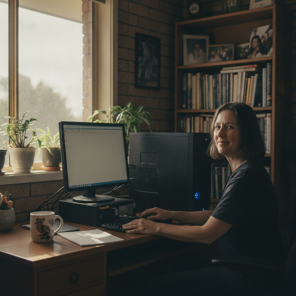 Professional computer clean-out in Henty (6236) — a happy Western Australia resident at home with a spotless, fast, quiet machine