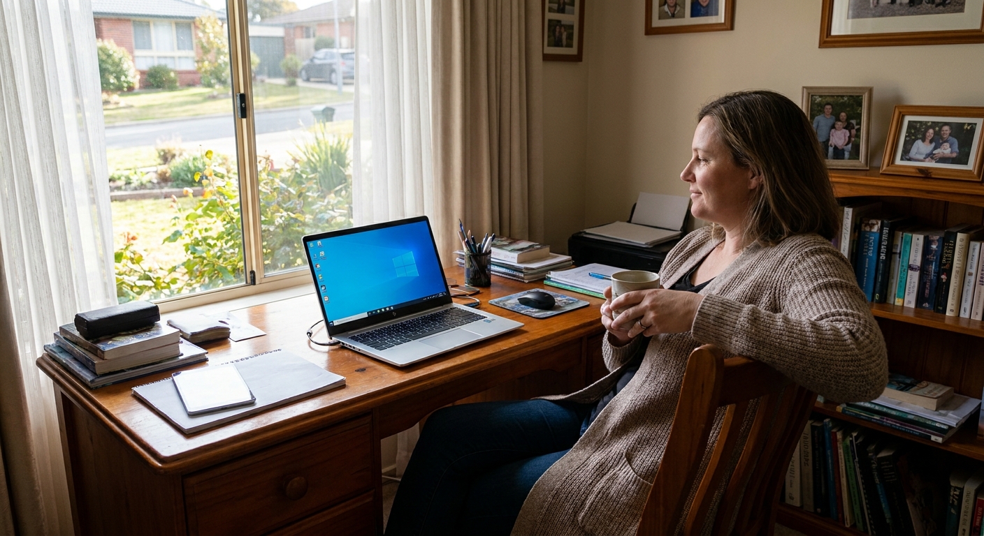 Professional computer clean-out in Higgins (2615) — a happy the ACT resident at home with a spotless, fast, quiet machine