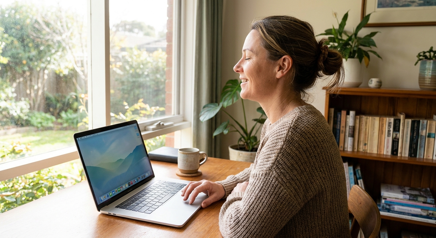 Professional computer clean-out in Highton (3216) — a happy Victoria resident at home with a spotless, fast, quiet machine