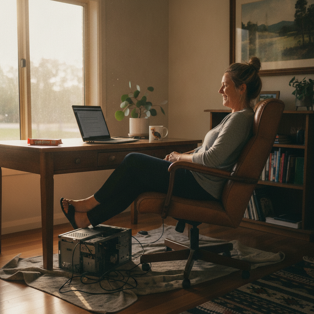 Professional computer clean-out in Hilldale (2420) — a happy New South Wales resident at home with a spotless, fast, quiet machine