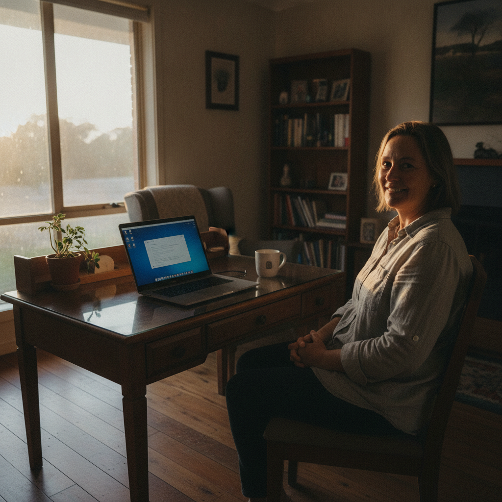 Professional computer clean-out in Hillgrove (2650) — a happy New South Wales resident at home with a spotless, fast, quiet machine