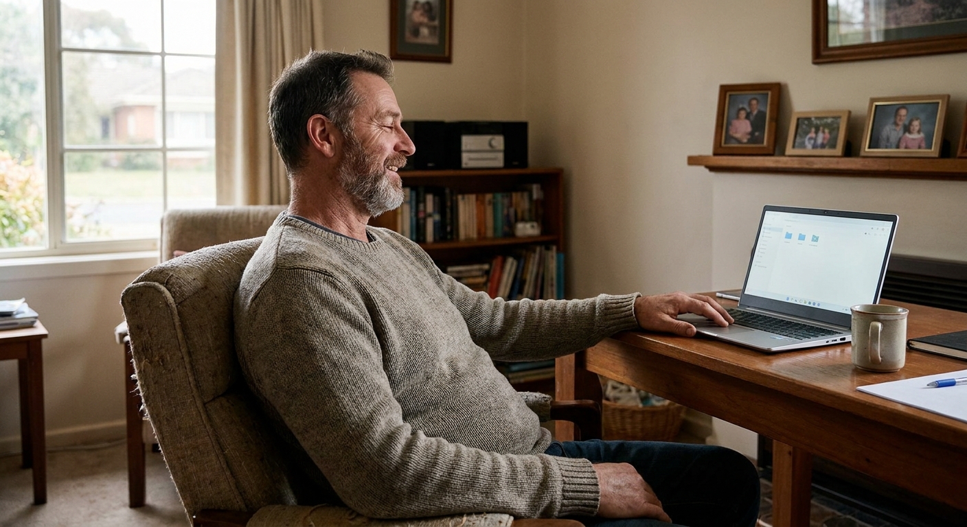 Professional computer clean-out in Hillside (3037) — a happy Victoria resident at home with a spotless, fast, quiet machine