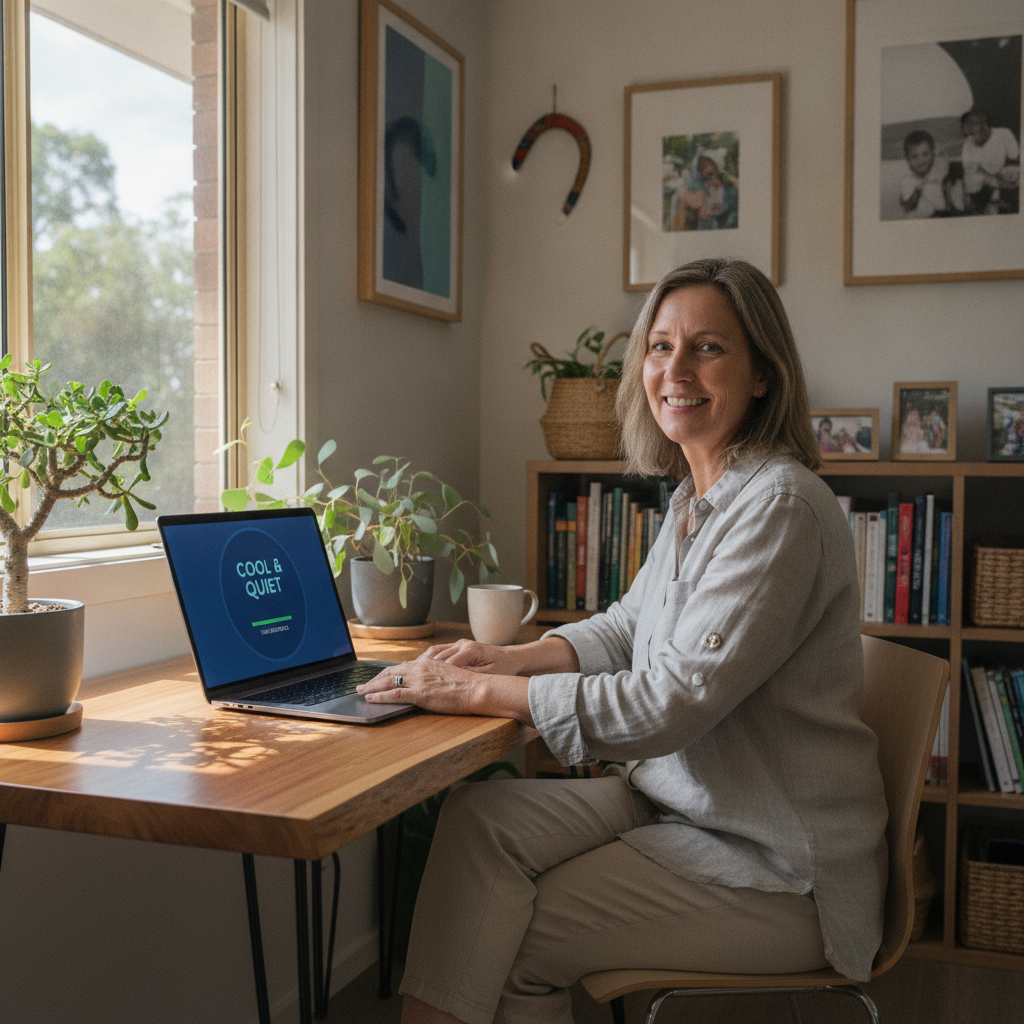 Professional computer clean-out in Hinchinbrook (2168) — a happy New South Wales resident at home with a spotless, fast, quiet machine