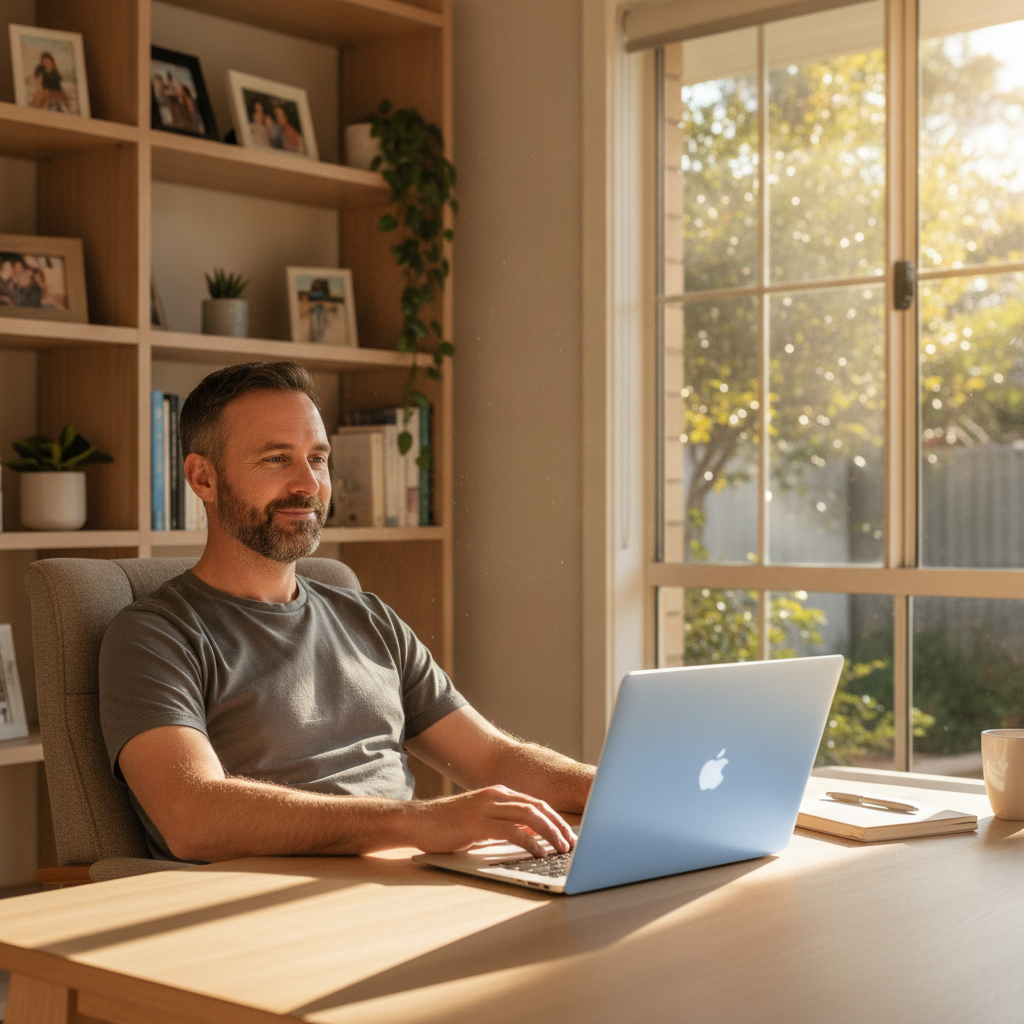 Professional computer clean-out in Hocking (6065) — a happy Western Australia resident at home with a spotless, fast, quiet machine