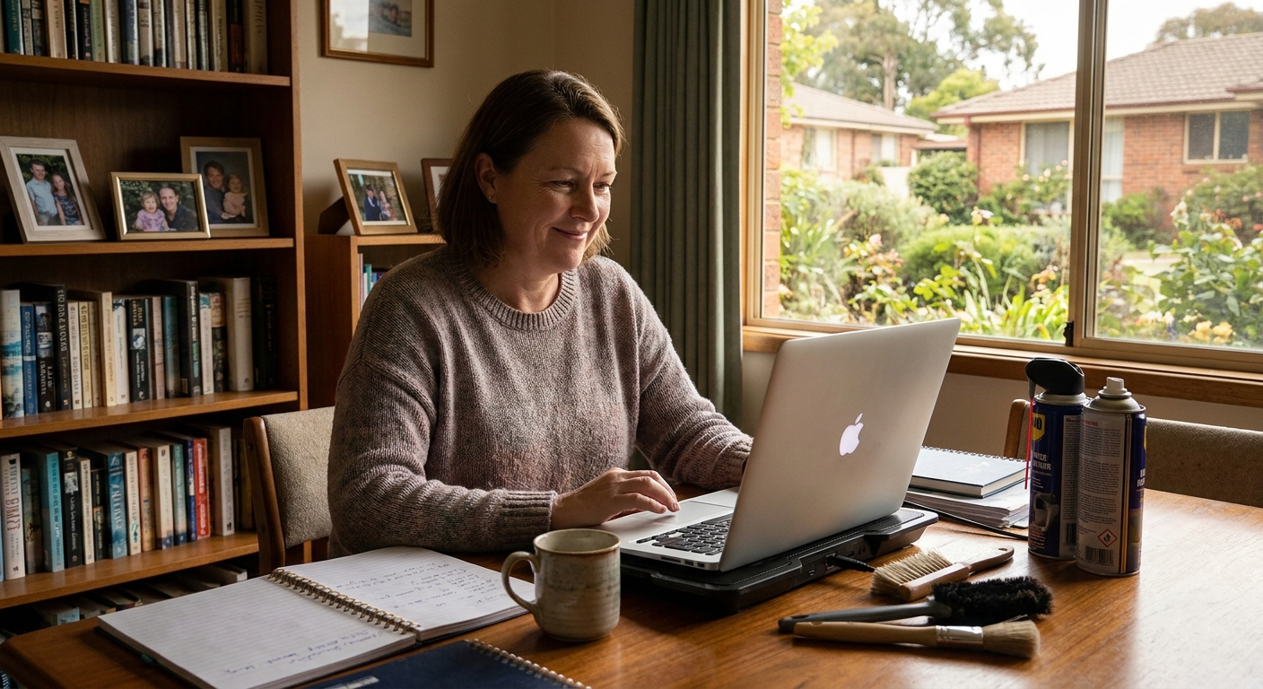 Professional computer clean-out in Holder (2611) — a happy the ACT resident at home with a spotless, fast, quiet machine