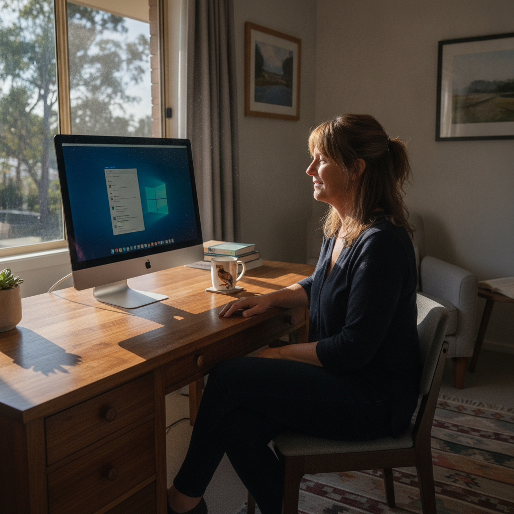 Professional computer clean-out in Holmview (4207) — a happy Queensland resident at home with a spotless, fast, quiet machine