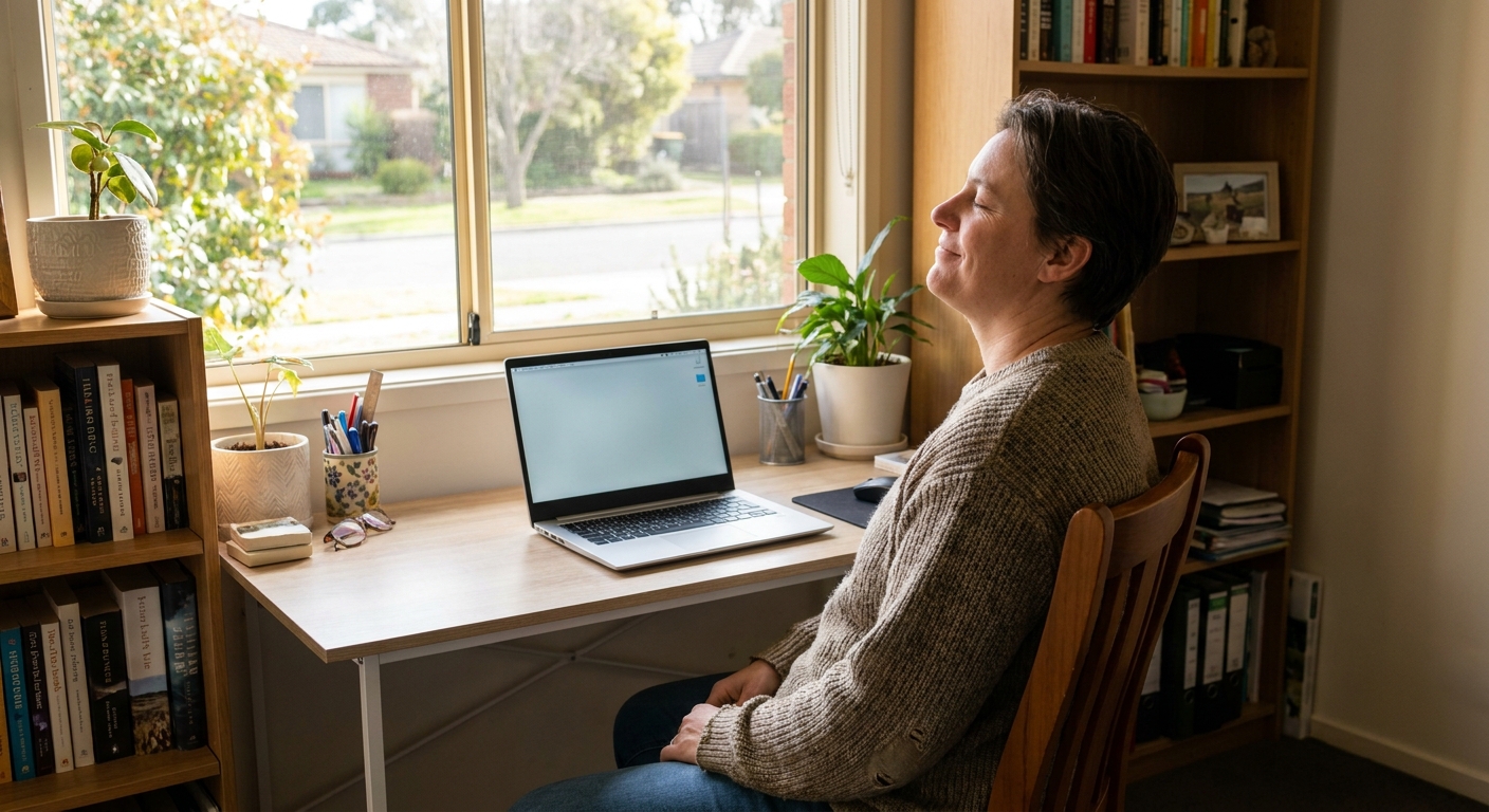 Professional computer clean-out in Holt (2615) — a happy the ACT resident at home with a spotless, fast, quiet machine