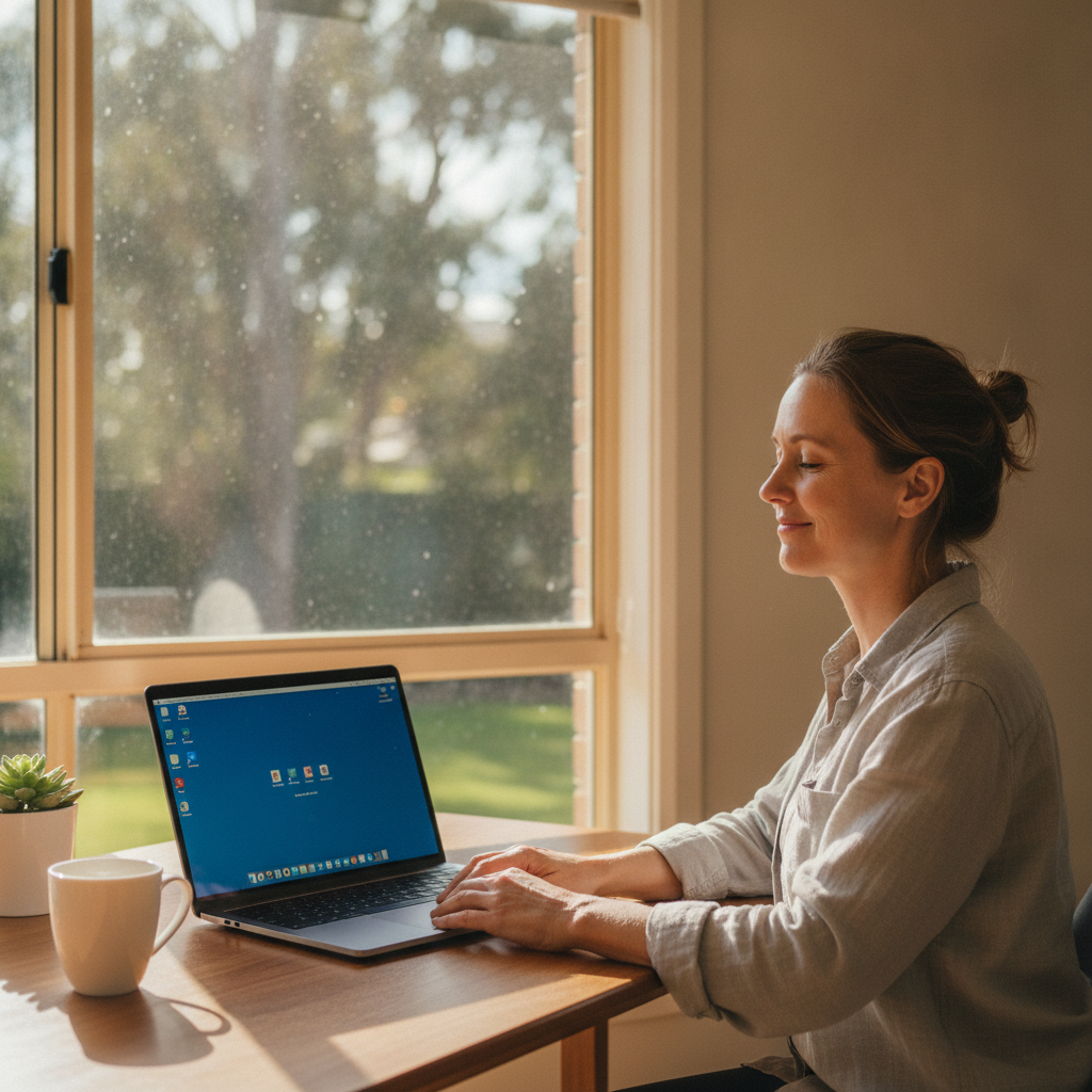 Professional computer clean-out in Homebush (2140) — a happy New South Wales resident at home with a spotless, fast, quiet machine