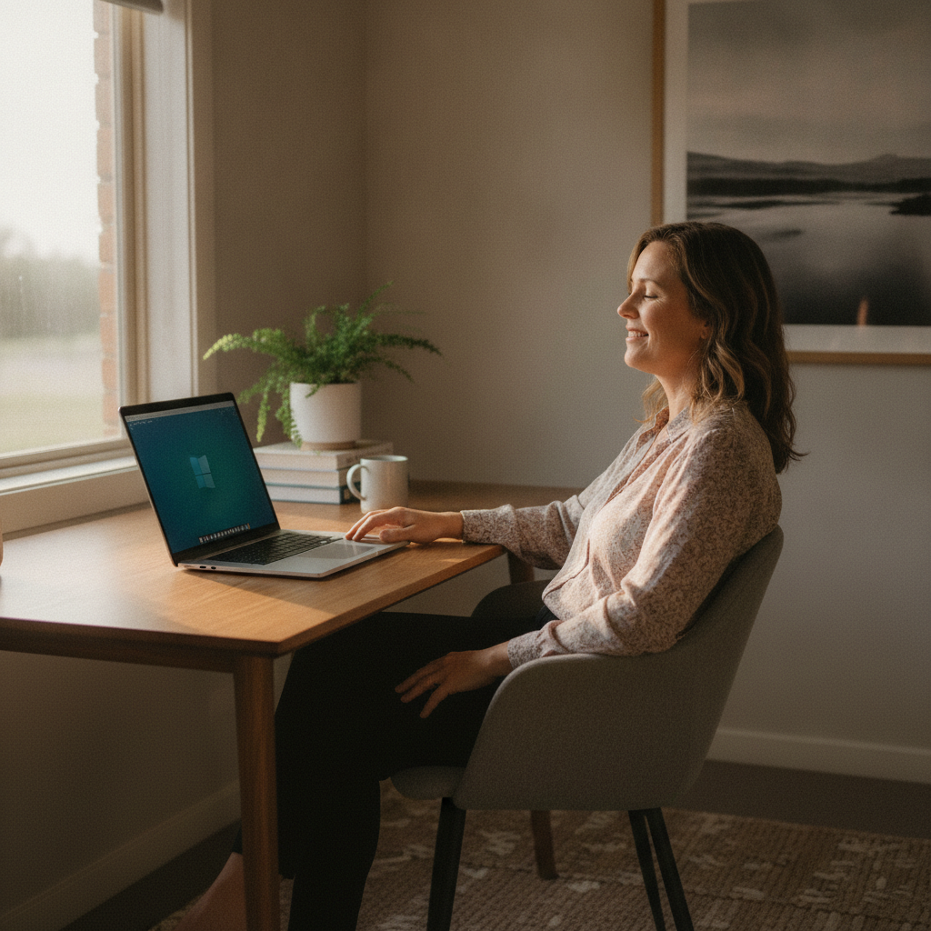 Professional computer clean-out in Hopefield (2646) — a happy New South Wales resident at home with a spotless, fast, quiet machine