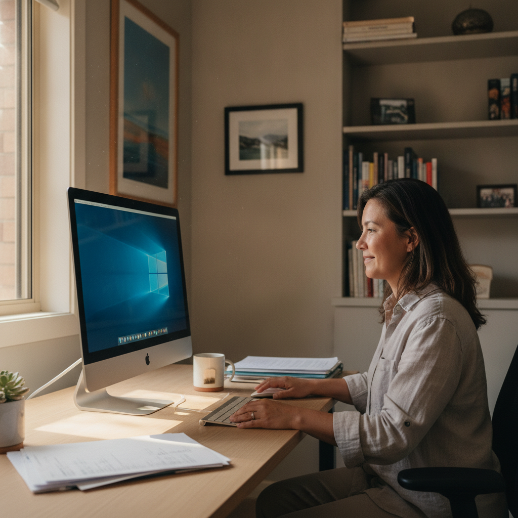 Professional computer clean-out in Hornsby Heights (2077) — a happy New South Wales resident at home with a spotless, fast, quiet machine