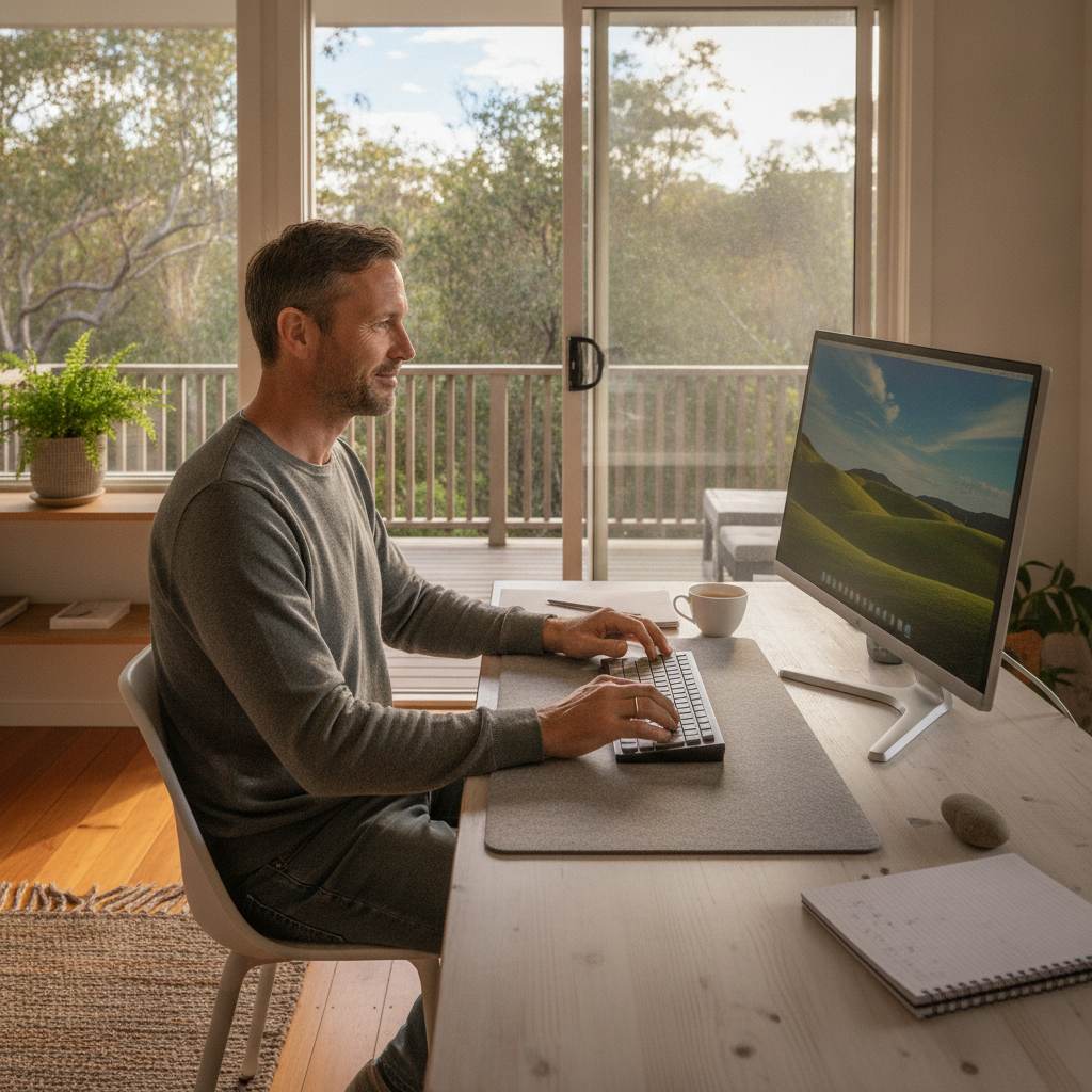 Professional computer clean-out in Horsfield Bay (2256) — a happy New South Wales resident at home with a spotless, fast, quiet machine