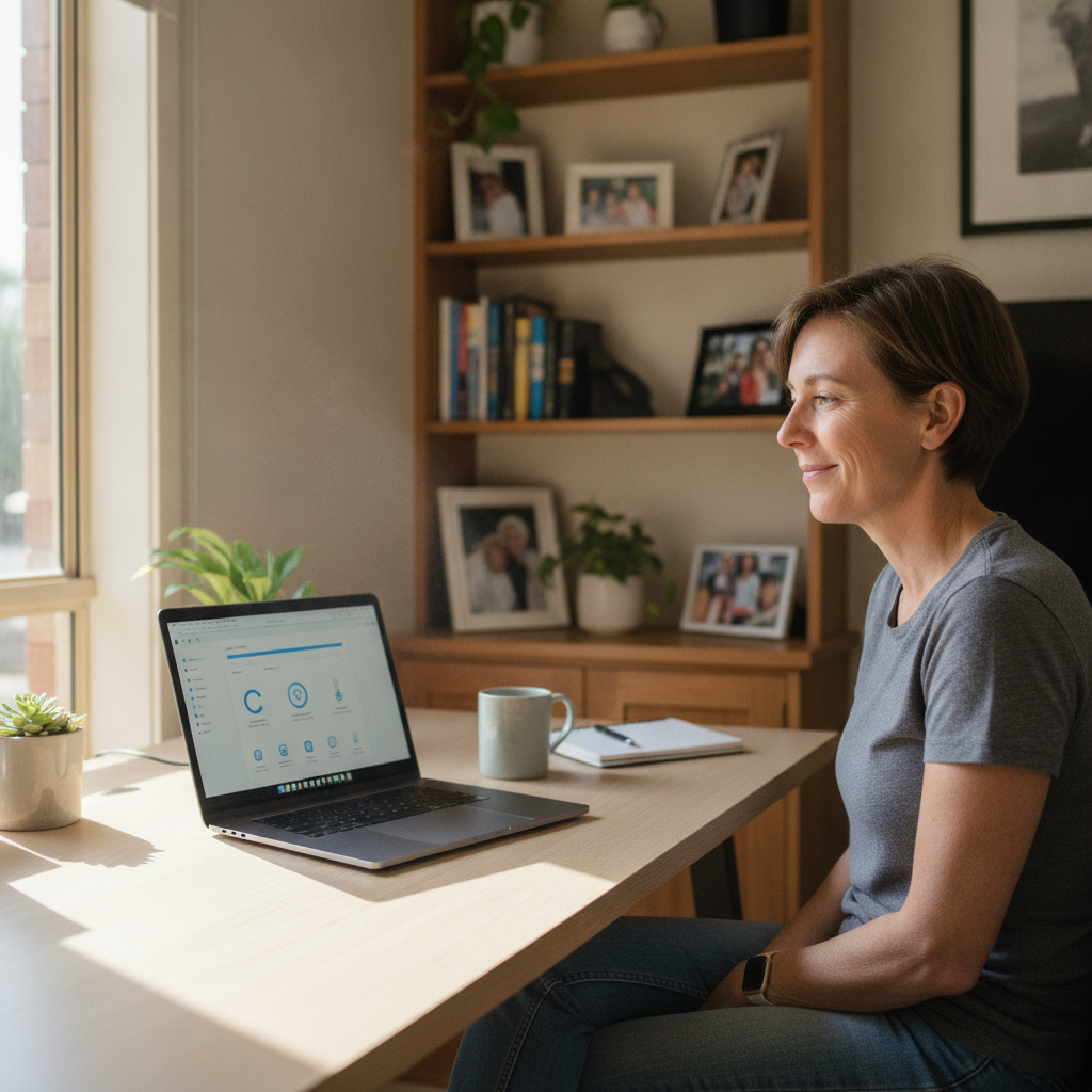 Professional computer clean-out in Huntfield Heights (5163) — a happy South Australia resident at home with a spotless, fast, quiet machine